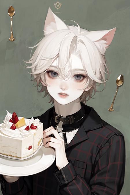 masterpiece, fork, animal ears, food, male focus, 1boy, solo, short hair, holding, collar, plate, bishounen, looking at viewer, cake, shirt, white hair, pale skin, holding fork, blue eyes, spoon, parted lips, black shirt, apron, blush, upper body <lora:idc128dim-epoch-000008:1>