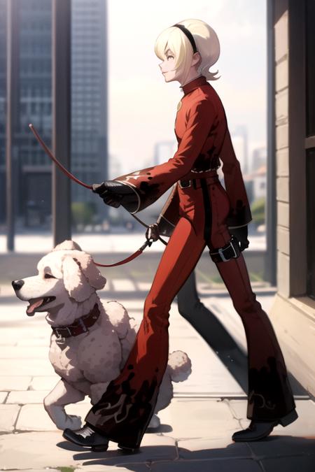 <lora:AshCrimson-09:0.7> ,ashkof, blonde hair, gloves, 1boy, male focus, hairband, pants, androgynous, freckles, walking, leash, red pants, poodle , dog