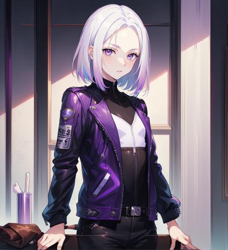 (artwork), (masterpiece), (amazing work), (masterpiece), (extremely detailed CG 8k unit wallpaper), <lora:GoodHands-vanilla:0.6>, <lyco:Nova-15:1.0>, (blunt ends:1.4), medium hair, (white hair:1.2), purple colored tips, gradient hair, purple eyes, tall female, 22 year old european woman, small breasts, petite, leather jacket, sci fi