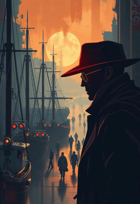 Futuristic sci-fi style, warm autumn colors, high contrast, low-key lighting.  Mysterious noir detective in a bustling harbor, dynamic painterly realism with bold graphic shadows, deep inky silhouettes.  Advanced technology, space elements, deep shadows, dramatic effect, earthy and cozy atmosphere.