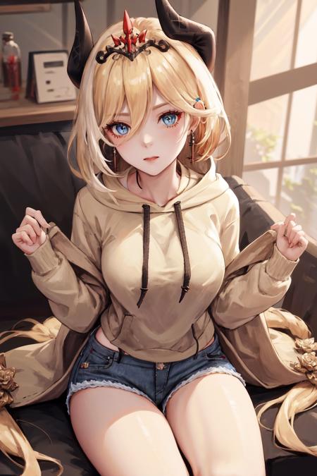 masterpiece, best quality, highres, 1girl blue eyes hair flower horns earrings braided ponytail tiara <lora:durandal_nibelungen_traumlied_no_outfit:1> (hoodie:1.2), denim shorts