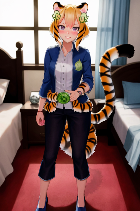 tigermortar, smile, shirt, jacket, white shirt, pants, blue jacket, blue footwear, tiger ears, tiger tail, tiger girl, (blush:1.3), (looking at viewer:1.2), bedroom, bed, standing, seductive smile, parted lips