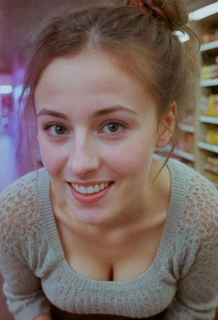 (Soft Lighting Photography by Mimoza Veliu and Mario Giacomelli:1.2), , face and cleavage closeup from above, A beautiful supermarket, a blushed smiling freckled Woman in high wooly stockings and very short skirt standing at a candy shelf on tiptoes, colorful knitted sweater, cleavage, looking up, messy hairbun, infront of the atmospheric led-adverstisment, crepuscular rays, volumetric lighting, ultra detailed, deep Blacks, very detailed, atmospheric haze, Film grain, cinematic film still, shallow depth of field, highly detailed, high budget, cinemascope, moody, epic, OverallDetail, 2000s vintage RAW photo, photorealistic, candid camera, color graded cinematic, eye catchlights, atmospheric lighting, imperfections, natural, shallow dof