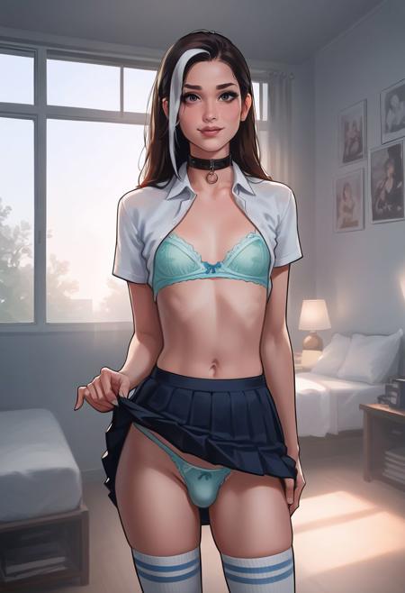 score_9, score_8_up, score_7_up, score_6_up, score_5_up, score_4_up , cute slutty femboy twink, nice tits, (brunette hair with white highlights:1.5), flat chest, long hair, dogbone collar, Fir green lace bra, white open button student shirt, detailed bra, tiny flaccid dick, penis in panties, pleated skirt, skirt lift, white knee high student socks with stripes, provocative gaze, college dorm bedroom, college,  messy bedroom, 
 semi realistic, hyperdetailed, hyperrealistic, intricate details, naturalism, mood lighting, cinematic lighting, volumetric lighting,