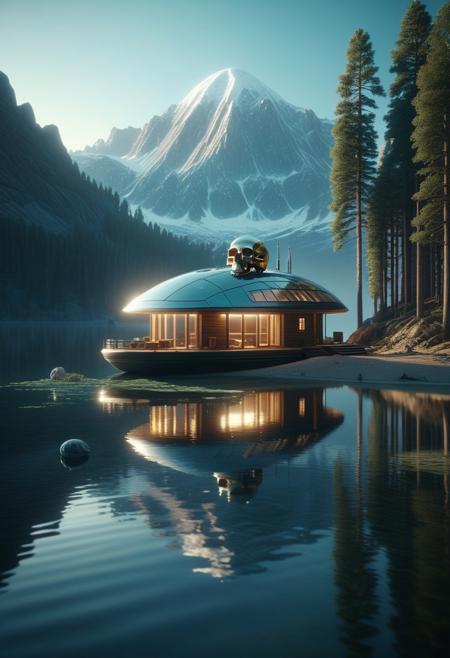 scenery of a cabin at the shore of a lake with dust particles reflecting sunlight with giant skull formed alien ship laying at the middle of the lake in the style of beeple and mike winkelmann and dan mumford, mystical colors, rim light, beautiful lighting, 8k, stunning scene, raytracing, octane, trending on artstation, cinematic, hyperrealism, octane render, cinematic light, macro, depth of field, bokeh, 8k, medium-format print, full-color print, beautiful composition, intricate details, high resolution, artstation 4k ultra hd, masterpiece, 8k, intricate, detailed, photorealistic 8k image,