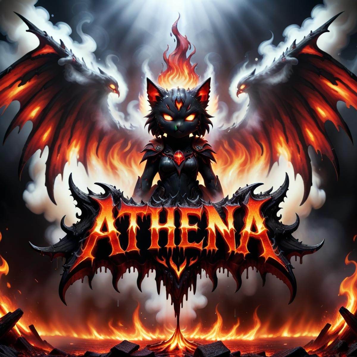 A fiery demon cat with red eyes and horns, named Athena, is displayed in a dark and fiery background.