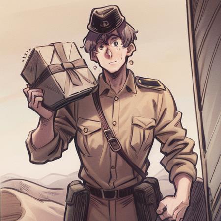 a cartoon of a French Legion soldier carries a large box in the desert, intricate, high details, Abyss