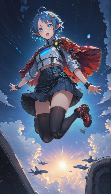 <lora:yukihiro_kajimoto_so2r_xl_v2:0.8> <lora:IOS_Iridescent_opal_style:0.6> rena lanford, 1girl, ahoge, blue_eyes, blue_hair, boots, red cape, crescent hair ornament, pointy ears, [1990s \(style\):cyberpunk edgerunners:0.5], [lens flare:opal:06], intricate detail, cinematic lighting, amazing quality, amazing shading, official art, key art, looking_at_viewer, open_mouth, pleated_skirt, short_hair, skirt, thighhighs, ((masterpiece, best quality)), (jumping out of an aircraft), dynamic pose, (from below), full body, (thigh gap), yurihiro kajimoto