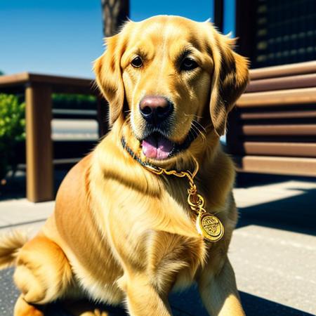 A golden retriever with gold chains and aviator sunglasses, rubbing his paws
