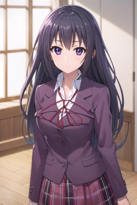 chizuruakaba, <lora:chizuru akaba s2-lora-nochekaiser:1>,
chizuru akaba, long hair, black hair, (purple eyes:1.1),
BREAK skirt, school uniform, plaid, plaid skirt, shirt, white shirt, collared shirt, jacket, long sleeves, black jacket,
BREAK indoors, classroom,
BREAK looking at viewer, (cowboy shot:1.5),
BREAK <lyco:GoodHands-beta2:1>, (masterpiece:1.2), best quality, high resolution, unity 8k wallpaper, (illustration:0.8), (beautiful detailed eyes:1.6), extremely detailed face, perfect lighting, extremely detailed CG, (perfect hands, perfect anatomy),