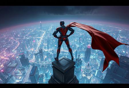 A dynamic concept art masterpiece of a formidable cyborg superhero poised majestically on a precarious rooftop ledge, overlooking a sprawling futuristic metropolis. The cyborg's vibrant red and black superhero costume, intricately designed with a sleek black belt and a majestic red and black cape frozen mid-flow, radiates power and purpose. Their hands are firmly on their hips, projecting an aura of resolute determination and readiness for action. The attractive background reveals a multi-layered city skyline, illuminated by neon glows and holographic projections, creating a stunning visual contrast. This CGSociety and Artstation trending image is a beautiful matte painting with sharp lines and distinct brush strokes, employing stunning, harmonious multi-colored hues. Rendered with the contemporary aesthetics of Unreal Engine 5 and Houdini style, it exhibits a 3D sculpted structure, intricate and ornate details, isometric perspective, and a dynamic action pose. The composition is impeccable, with a creative angle that captures the essence of a powerful message and vivid emotions, all handcrafted with precision.