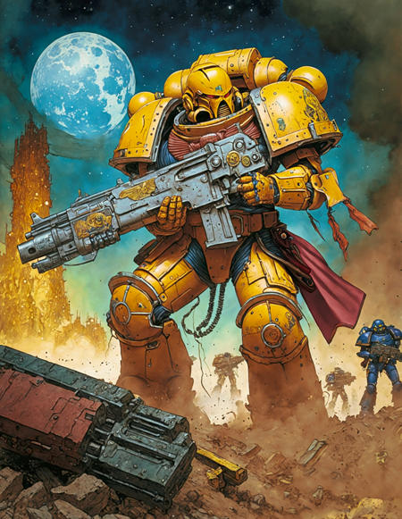 Drawing inspiration from modern masters like Yoshitaka Amano,Katsuya Terada, moebius inspired metal hurlant art In the middle of a chaotic skirmish, a space marine takes a defensive stance, unloading rounds from his boltgun into the advancing alien horde., warhammer 40000, <lora:boltgunxllorav1:0.7>, the contrast in colors and textures should be distinct surreal,highly detailed,vibrant yet slightly desaturated,dramatic lighting,sense of motion,grainy texture,retro-futuristic, deep digital painting layers,fluid watercolor techniques,meticulous detailing,soft ambient lighting, vibrant colors,subtle emotional nuances