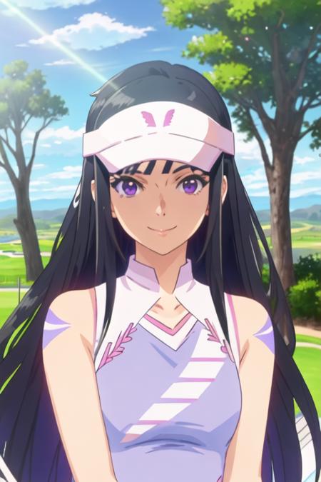 best quality, masterpiece, highres, solo, {amawashi_aoi_birdiewinggolfgirlsstory:1.15}, long_hair, black_hair, purple_eyes, smile, visor_cap, day, blue_hair, 1girl, looking_at_viewer, outdoors, tree, bangs, sleeveless, sunlight, sportswear, sky, upper_body