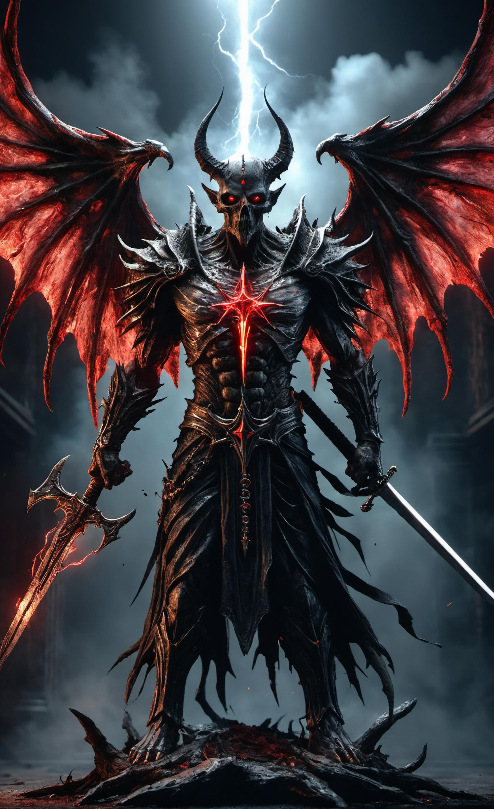 Dark and evil warrior holding a sword and wearing a suit of armor with wings and a skull helmet.