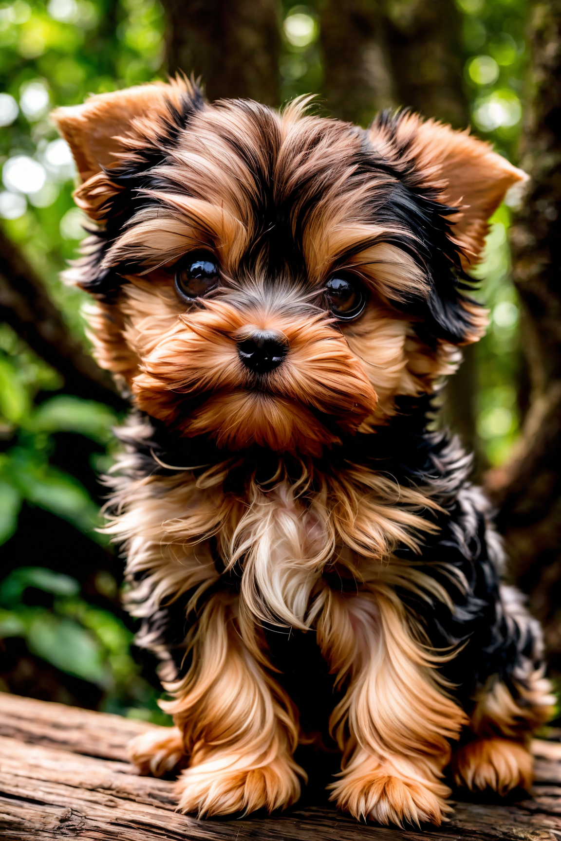 Portrait, chibi super kawaii a round adorable yorkie puppy, beautiful lush forest background, up close, highly detailed fu...