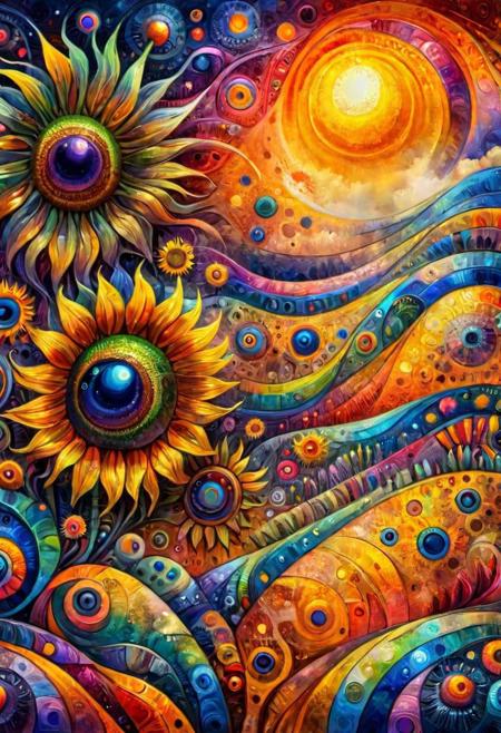 ral-colorswirl, a magnificent sunset made of millions of sunflowers on a strange and mysterious alien palette. It's very textured and detailed with dreaming lot of whirlwind multicolored and dreaming dust