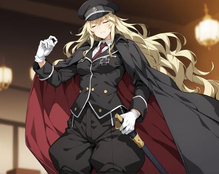 KriemhildHelheim, Kriemhild's military uniform, Kriemhild's military hat, long coat on shoulders, jodhpurs, knee boots, wing collar, necktie, 