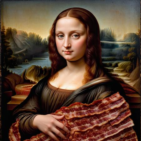 (Mona Lisa made of bacon), portrait, crispy bacon texture, da Vinci style, (2000s vintage RAW photo:0.9), (photorealistic:1.2), film grain, color graded cinematic, eye catchlights, atmospheric lighting, skin pores, imperfections, natural, enhanced textures, creative, beautiful, vibrant, masterpiece, 8k, Ultra HD, amazing details, amazing quality, amazing artist, sharp edges, detailed textures, full view, amazing visuals, highly detailed, realistic, fine fabric detail, absurdres, highly-detailed, best quality, masterpiece, very aesthetic, aidmaImageUpgrader