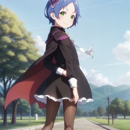 <lora:Meili-000060:1>,
anime screencap, 
1girl, solo, hair ornament, pantyhose, green eyes, blue hair, smile, boots, cape, short hair, striped pantyhose, striped, black dress, sky, looking at viewer, white necktie,flat chest, 
from behind, looking back, standing,