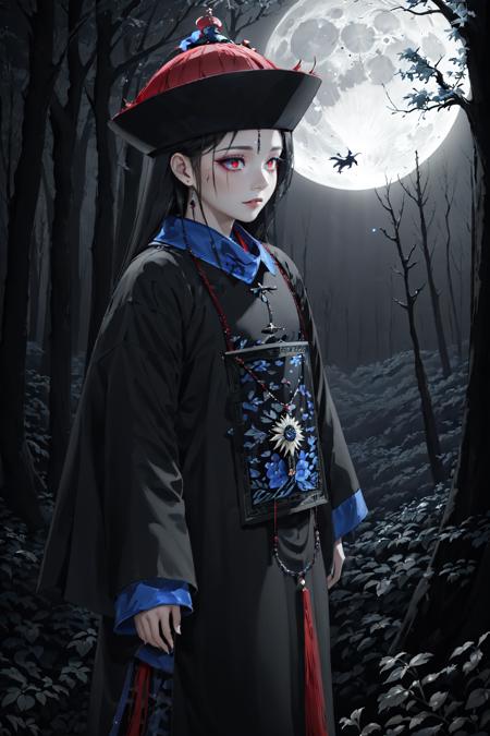 ((masterpiece)),((best quality)),8k,high detailed,ultra-detailed,intricate detail,Digital art,fantasy,surrealism,((jiangshi costume:1.2)),(solo:1.1),(dark forest setting:1.2),Lone jiangshi in a dark forest wearing traditional costume,(moonlit night),(ominous atmosphere),(eerie glow),Detailed depiction of jiangshi with glowing eyes and traditional attire,Ethereal and mystical atmosphere,Cinematic lighting with moonlight,Visual effects with eerie glow and dark shadows,Maxon Cinema 4D,<lora:QDjiangshi:0.8>,