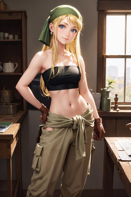 winry rockbell earrings, red bandana, black tube top, strapless, midriff, clothes around waist, purple pants, brown gloves earrings, green bandana, black tube top, strapless, midriff, clothes around waist, beige pants, brown gloves ponytail, black and white striped sports bra, zipper, clothes around waist, beige pants, brown gloves