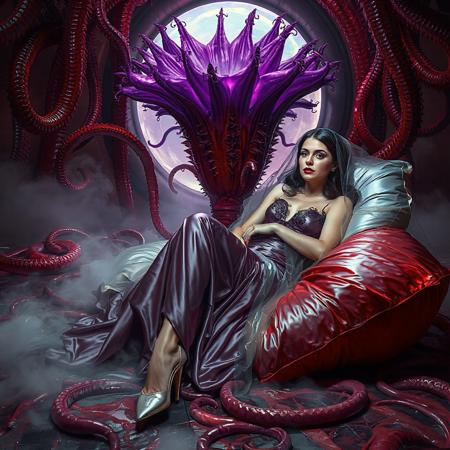classy rich slender elegant russian baroness in glossy liquid satin provocative rich 1950s nightgown with lace inserts   and  glossy high heels, entangled in long tentacles, laying  reclined in weird red foil pillows, covered with giant ultrathin transparent glossy slime veils, under tantacles canopy,  giant portal to outer space, fog from the floor, giant purple alien carnivorous flower with glossy spiked petals at background, weird alien hive slime walls and fleshy floor, horror, fashion look, hollywood, vogue makeup, long haired, ultrathin waisym reminiscent of H.R. Giger, Zdzisław Beksinski, and Ash Thorp's dark, sleek styles, with close-up glamour photography, glossy satin and silver heels glistening, fleshy slime dripping, and dark shadows.