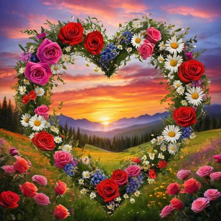 The image is a vibrant and colorful digital artwork that features a serene sunset and flower meadow in the background, 
featuring a heart-shaped wreath of various flowers, 
including roses, 
daisies, 
and other flowers, 
forming a visually striking centerpiece. With both the foreground and background blurred, 
the overall composition conveys a message of hope and positivity, 
which is enhanced by the warm tones of the sunset and the lush floral patterns.
