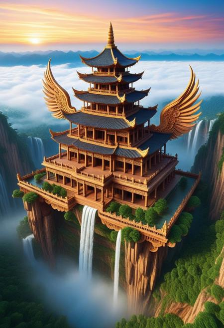 a colossal temple floating above the clouds, sculpted from sacred hardwood, its intricate carvings depicting forgotten legends, massive wooden wings extending from its sides, slow rhythmic movements as if the temple breathes, golden filigree shimmering in the twilight, waterfalls cascading from its foundations into the mist below, giant floating lotus flowers orbiting the structure, celestial light filtering through the wooden spires, suspended in an eternal sunset, hyper-detailed textures, cinematic fantasy atmosphere, ultra-HD lighting, surreal divine architecture