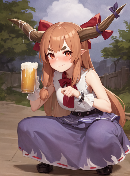 1girl, solo, ibuki suika, horns, thick eyebrows, low-tied long hair, sidelocks, thick eyebrows, wrist cuffs, sleeveless, blue skirt, long skirt, squatting, looking at viewer, slight smile, blush, drunk, holding beer, drunk, outdoors, night<lora:suika:1>