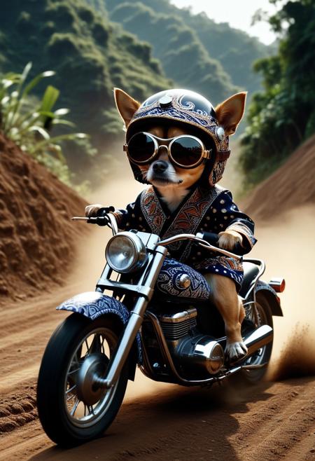 (Made of Indonesian Batik:1.3), from side, closeup cute small motorcycle Made of Indonesian Batik, chihuahua driving, (wear round goggles:1.2), wear animal ears helmet, run through on mountain dirt road, Dust, cinematic, cinematic lighting, (masterpiece, best quality:1.4), ultra-high res, 4k, Photorealistic, insanely detailed, sfw,