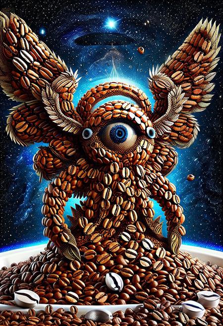 coffee beans style, vivid colors, intricate detail, a biblically accurate angel made of coffee beans, in space, coffee beans style, grgnt, wings, rings, many eyes, Extra-Eyes-IL-V1.0, Extra eyes, additional eyes