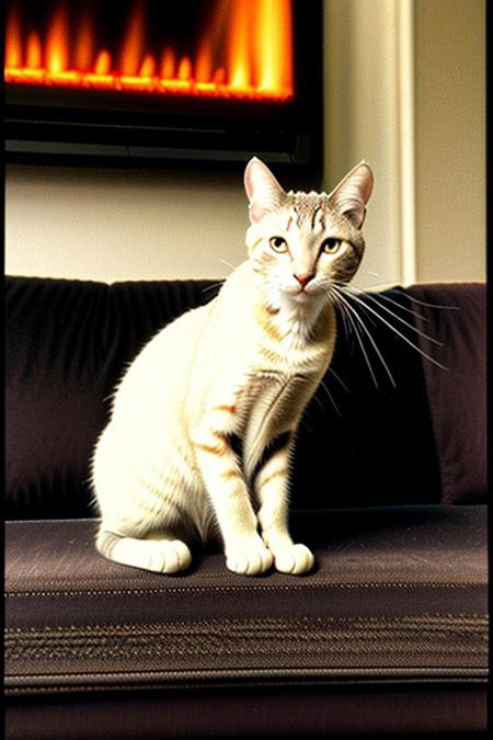a cat smoking a cigar, sitting on black couch, fireplace,<lora:vhs:1>