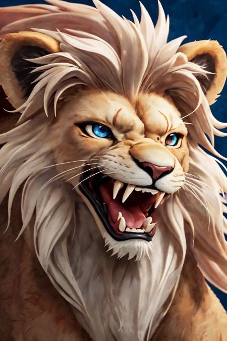 close-up photo portrait of a great red lion, blue eyes, very long lion's mane, roaring, open mouth, fangs, animal, no humans, simple background
