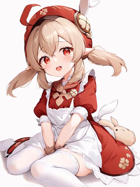 <lora:keli2:1>,1girl, klee (genshin impact), solo, apron, bangs, sidelocks, pointy ears, red eyes, looking at viewer, thighhighs, white background, long hair, sitting, short sleeves, dress, hair between eyes, simple background, twintails, ahoge, animal ears, hat, rabbit ears, low twintails, red dress, open mouth, white thighhighs, alternate costume, red headwear, light brown hair, salute, :d, smile, fake animal ears, puffy short sleeves, puffy sleeves, clover print, dodoco (genshin impact), ascot, wrist cuffs, white apron