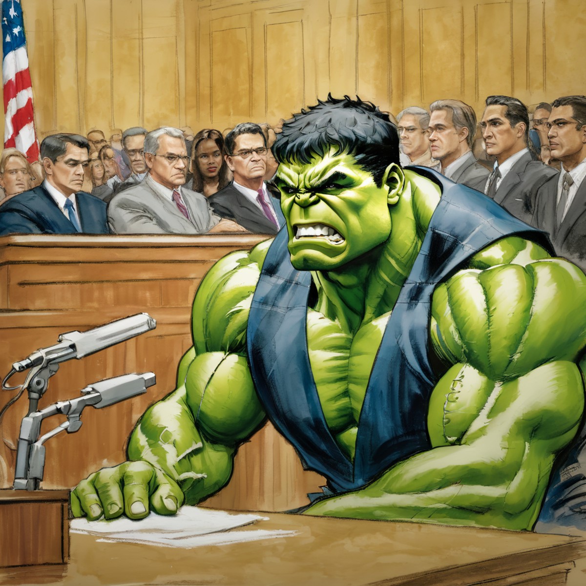 a photo of courtroom sketch, the Hulk, PECourtRoomSketch, <lora:PE_CourtRoomSketchV2:0.85>, high resolution, beautiful, hi...