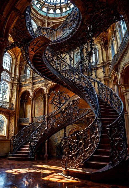 surreal fantasy theme, 
victorian wrought-iron staircase with multiple levels, style of escher drawing, defying gravity, melting,  ornate metalwork, mechanical clockworks, impossible geometric patterns, victorian style,
, max details, dynamic, great lighting, perfect shading, atmospheric, best quality, sharp focus, high contrast, stylized, clear, surreal, max details, ultra quality, 8k, best quality, masterpiece, midjourneyv6.1