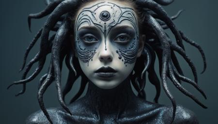lovecraftian horror, full body photo of a 18yo girl, heavy make up, well-litt, , model face, by tim burton,
eldritch, cosmic horror, unknown, mysterious, surreal, highly detailed