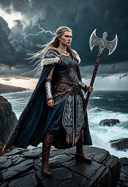 A powerful medieval Viking princess standing on a rocky cliff overlooking a stormy sea, wearing ornate Norse armor with intricate engravings, layered furs, and a flowing cloak. Her long braided hair is adorned with silver beads and raven feathers. She holds a carved axe at her side and wears a regal circlet with Nordic runes. The sky is dark and dramatic, with clouds swirling and lightning in the distance. Moody cinematic lighting, ultra-detailed textures, windswept environment, epic fantasy realism, 8k, concept art style, Artgerm, Craig Mullins, sharp focus, volumetric light, high dynamic range.