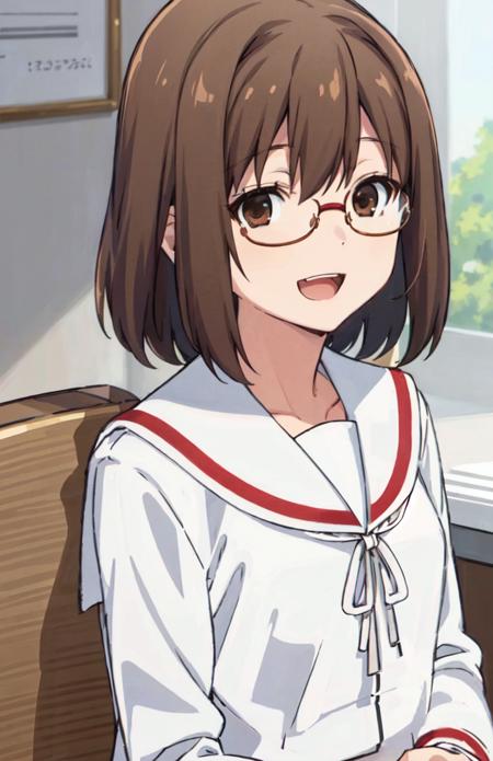 <lora:keiko_ver1.0:0.65>keiko, brown hair, medium hair, small breasts, brown eyes, school uniform, white shirt, (white ribbon:1.2), long sleeves, smile, glasses, (red skirt:1.2),
(masterpiece:1.1), best quality, ultra-detailed, high resolution, super detailed skin, perfect anatomy, detailed, (solo:1.2), open mouth, (chestnut mouth:1.1), sitting, 