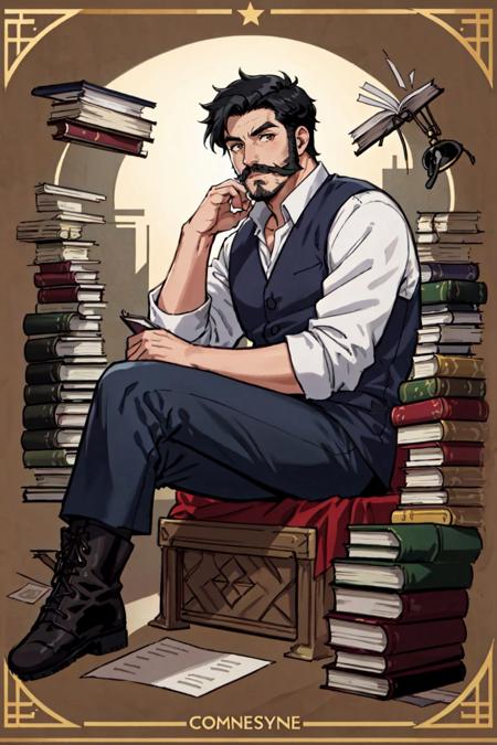 Comistyle, 1boy, black hair, book, book stack, boots, facial hair, hand on own chin, male focus, mustache, open book, paper, scroll, sitting, solo, masterpiece, best quality , official art ,   <lora:ComiDusk:0.8>