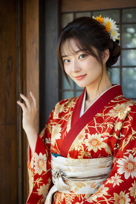 (HD, masterpiece, best quality, hyper detailed, ultra detailed, super realistic),A 24-year-old Japanese woman with fair skin and light brown hair loosely tied up with a small floral hair clip stands gracefully in front of a wooden door. She is dressed in a traditional red and gold kimono adorned with intricate chrysanthemum patterns set against a white background, accented by orange and light yellow floral designs. With a gentle smile directed at the camera, she exudes warmth and elegance. The dimly lit room behind her features wooden panels and softly glowing hanging lamps, creating an inviting atmosphere. Prominent Japanese characters printed in black ink on the door add a traditional touch, enriching the cultural context of the scene., green eyes, blue eyes, brown eyes, perfecteyes, jpn-girl, Movie Still, Film Still, Cinematic, Cinematic Shot, Cinematic Lighting, SDXL Hands XL + SD 1.5 + FLUX.1-dev<lora:SDXL PerfectEyesXL.safetensors:0.7000000000000001:0.7000000000000001> <lora:SDXL japanese_girl_v1.1.safetensors:0.7000000000000001:0.7000000000000001> <lora:SDXL Juggernaut Cinematic XL LoRA.safetensors:0.7000000000000001:0.7000000000000001> <lora:SDXL Hands XL + SD 1.5 + FLUX.1-dev.safetensors:0.7000000000000001:0.7000000000000001>