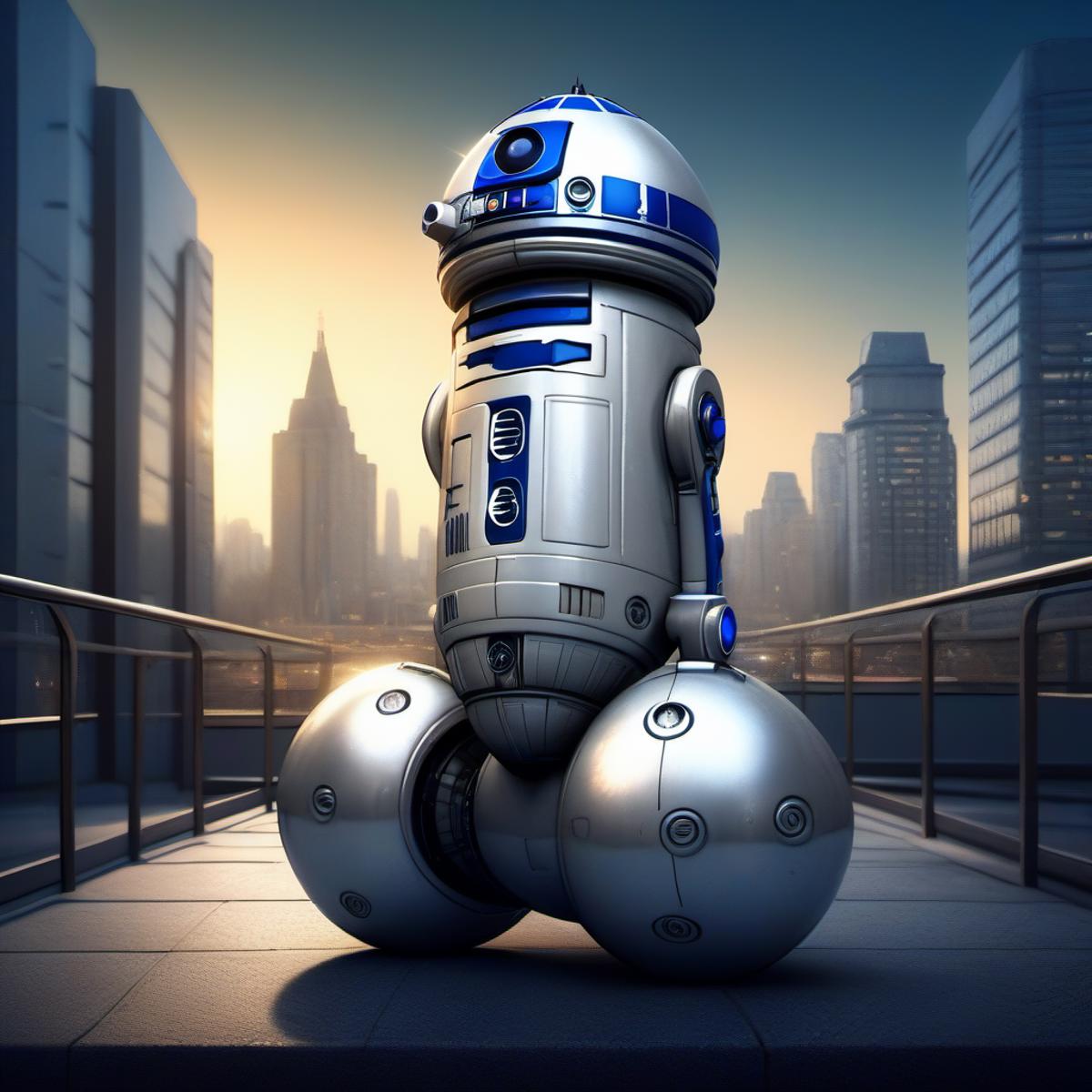 A blue and white robotic droid is sitting in front of a city skyline.