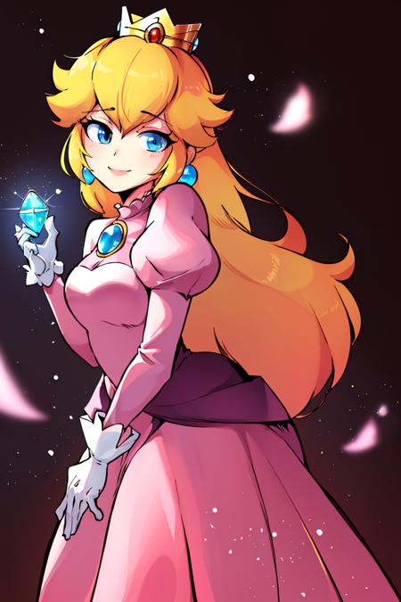 Princess_Peach,  blonde hair, blue eyes, long hair, crown, dress, gem, gloves, pink dress, puffy sleeves, short sleeves, white gloves, Swordfighter_Peach, solo, 1girl, hat, blonde hair, blue eyes, jewelry, earrings, long hair, rapier, hat feather, pants, ascot, red rose, hat flower, ponytail, white pants, white gloves, boots, blue jacket, long sleeves,