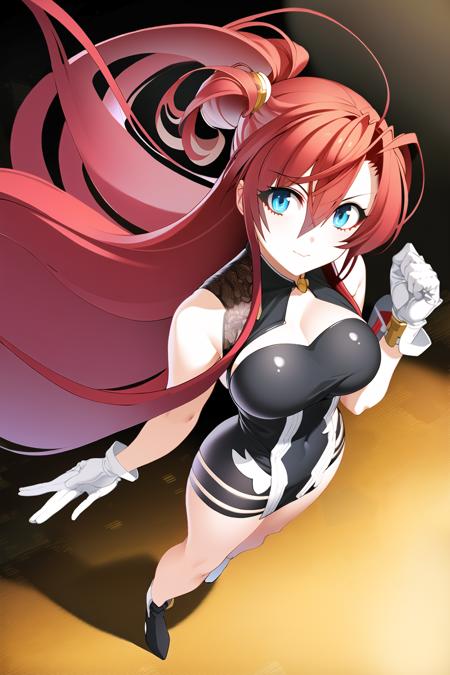 ((masterpiece, high quality, best quality)),
1girl, red hair, very long hair, uneven gloves, holding sword, asymmetrical gloves, black gloves, black footwear, standing, hair between eyes, looking at viewer, black dress, ahoge, floating hair, arm strap, hand on hip, blue eyes, high ponytail, bangs, single elbow glove, full body, looking back, from above, tile floor,
 <lora:nithe-style_v2.2:1.0>