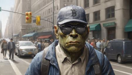 closeup portrait of a taciturn bipedal monster tries to keep a low profile and blend in with human clothes wears baseball cap and sunglasses  on a bustling city sidewalk by ClassipeintXL