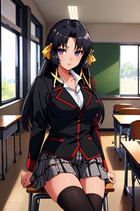 (masterpiece, best quality:1.2), solo, 1girl, kurugaya yuiko, expressionless, looking at viewer, sitting, chair, hair ribbon, school uniform, jacket, plaid skirt, black thighhighs, indoors, classroom <lora:littlebusters_kurugaya-10:1>