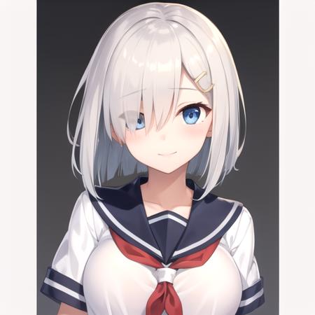 ((masterpiece)),(best quality),official art,extremely detailed CG,unity 8k wallpaper,ultra detailed,1girl,solo,upper body,(portrait:1.2),school_uniform,white serafuku,hairclip,blue_eyes,short_hair,hair_ornament,hair_over_one_eye,grey_hair,white_gloves,black_pantyhose,short_sleeves,smile,pleated_skirt,large_breasts,looking_at_viewer,<lora:Hamakaze(kan)>,