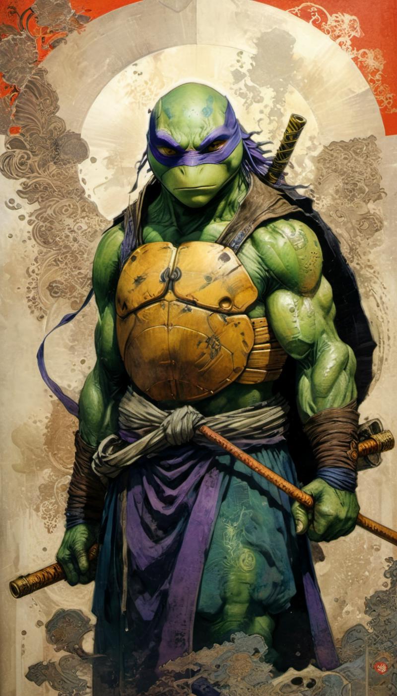 A detailed drawing of a male TMNT character with a sword.