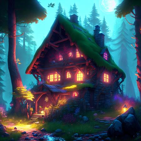 a cottage in the woods, cottagecore, cute, fantasy, by eonn