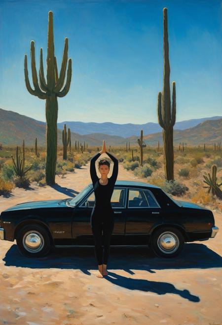 a woman wearing black spiky fashion doing yoga in open car, blue sky, cactus, sfw,
deep shadows enhancing mysterious atmosphere, long shot, dim light, (oil painting:1.5), (by Wassily Kandinsky :0.7), (by Claude Monet :1.7), (by Jackson Pollock:0.7) directional lighting, masterpiece, perfect composition, abstract glitch, long shot, masterpiece,best quality,very aesthetic, absurdres, from side,